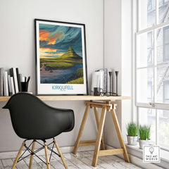 Kirkjufell Iceland Print | Dramatic Sunset River Poster showcased in a modern interior setting with stylish decor.