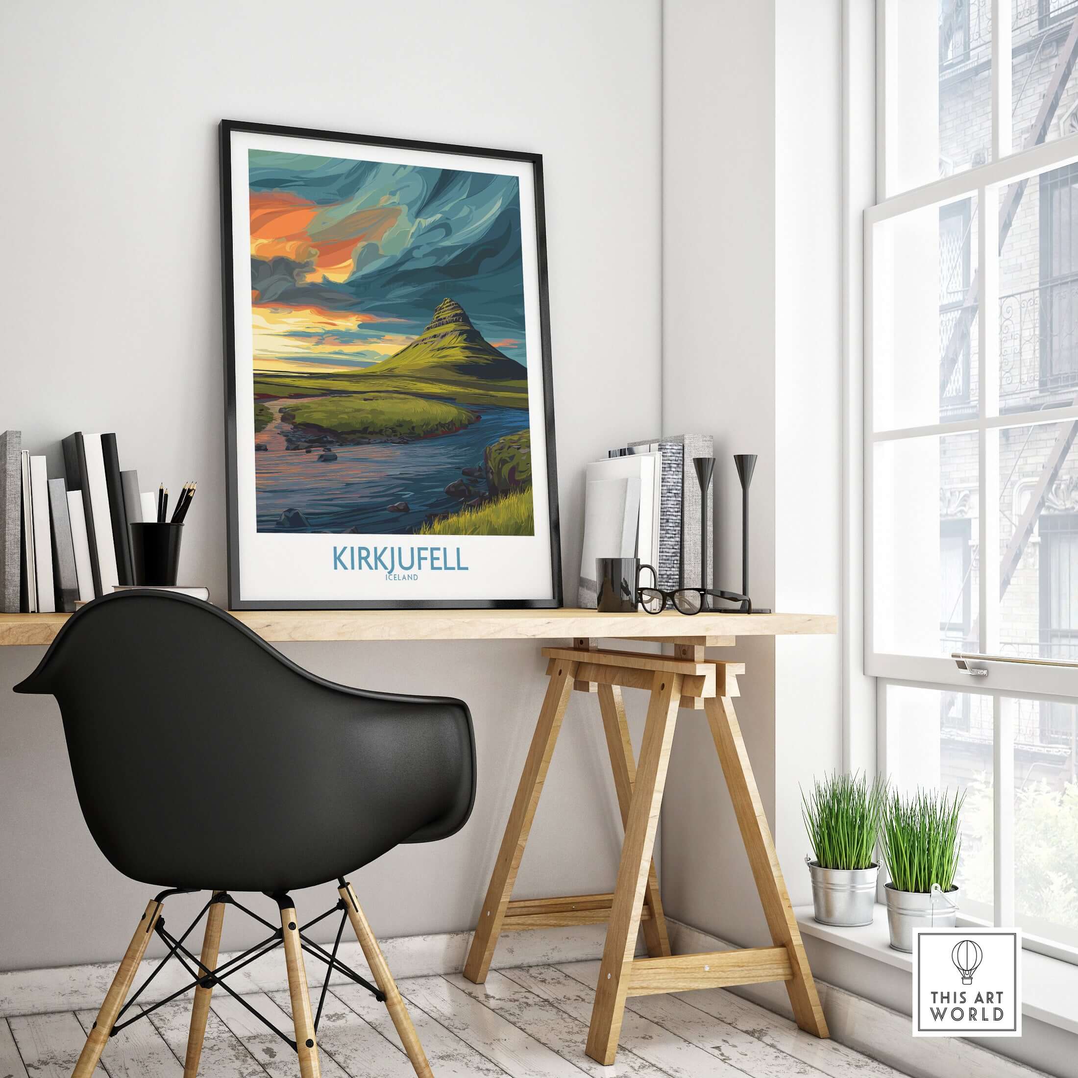 Kirkjufell Iceland Print | Dramatic Sunset River Poster showcased in a modern interior setting with stylish decor.