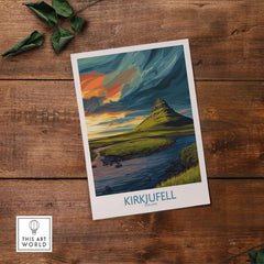 Kirkjufell Iceland Print | Dramatic Sunset River Poster showcasing a vibrant sunset over a peaceful river and mountain.