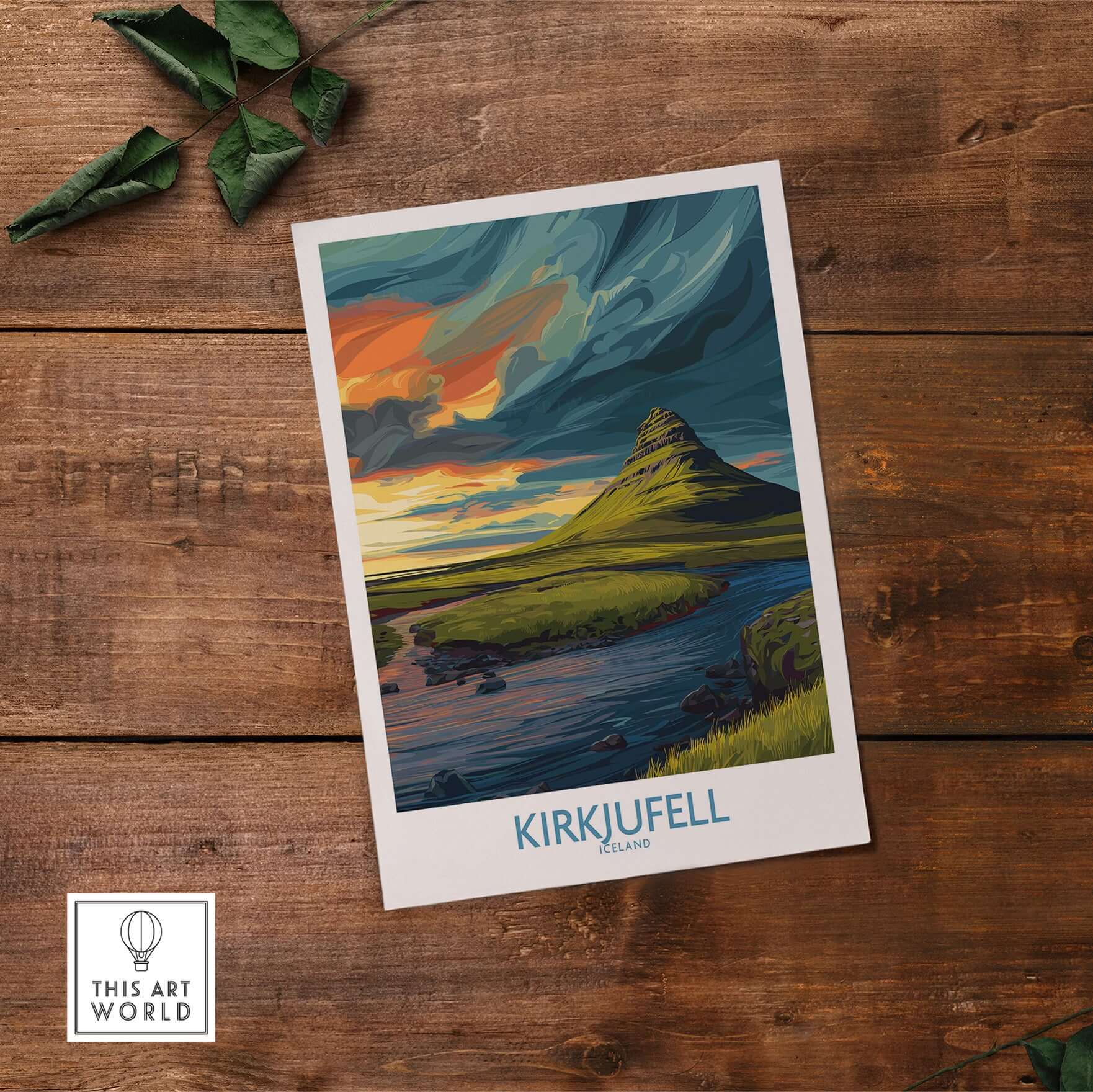 Kirkjufell Iceland Print | Dramatic Sunset River Poster showcasing a vibrant sunset over a peaceful river and mountain.