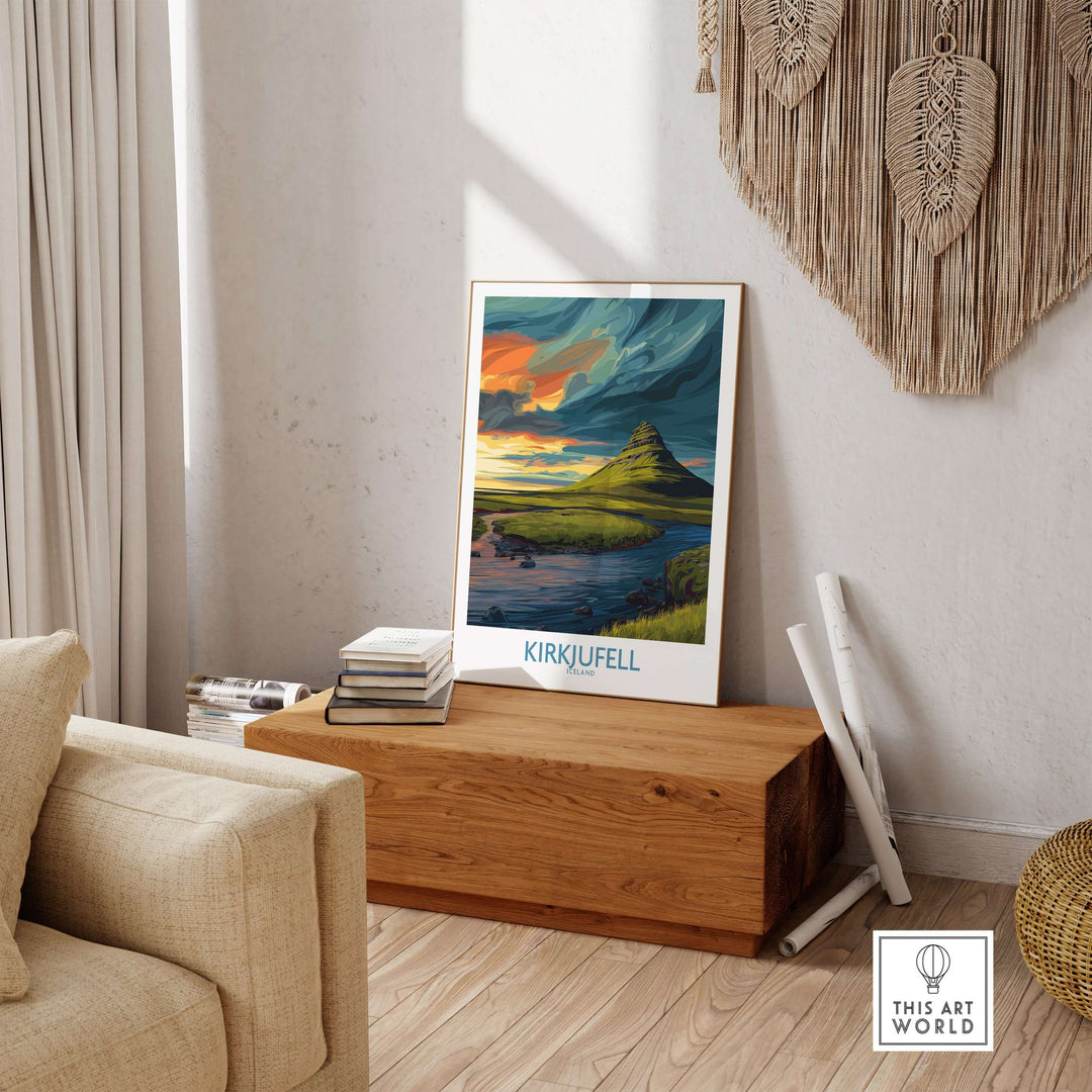 Kirkjufell Iceland Print | Dramatic Sunset River Poster displayed in a cozy living room setting.