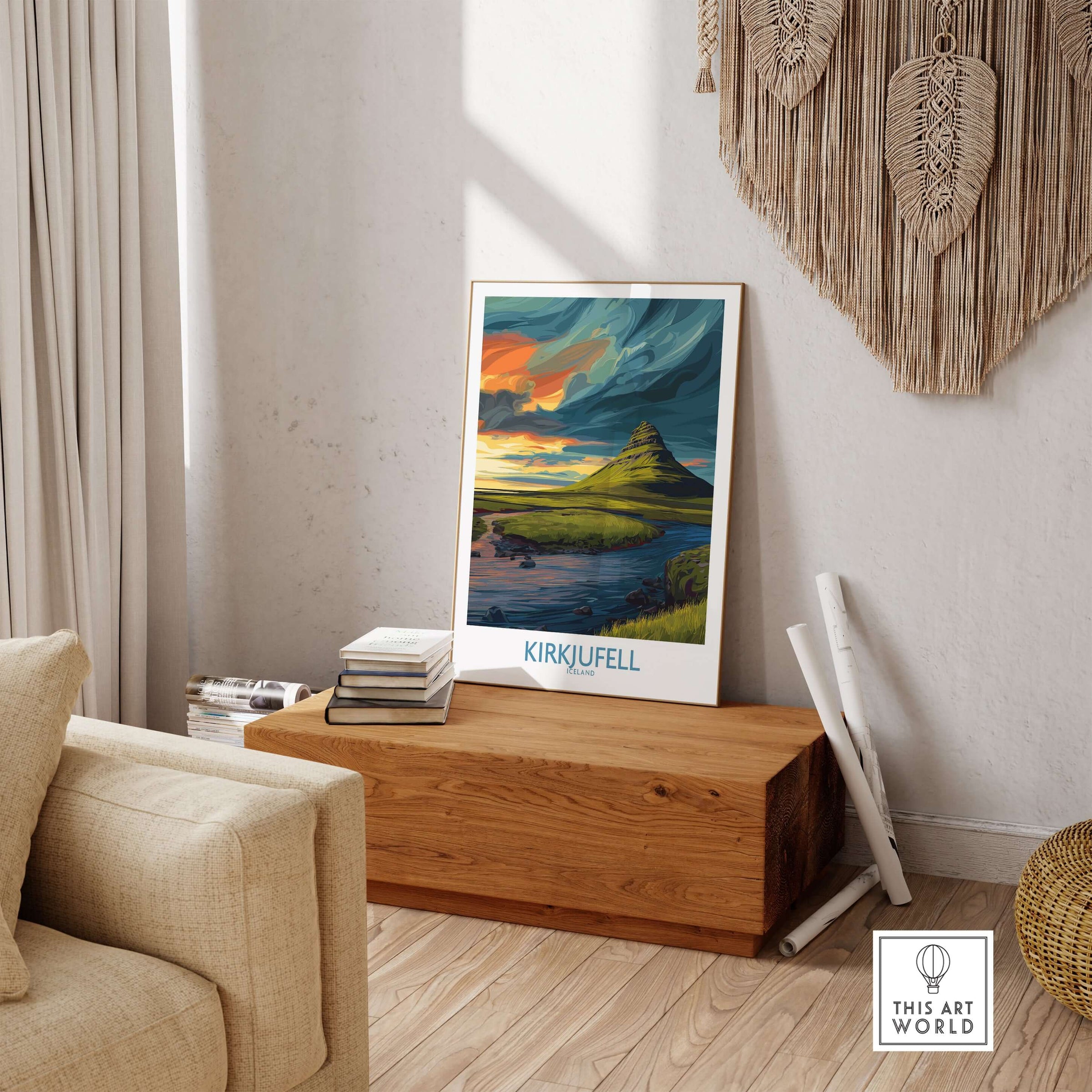 Kirkjufell Iceland Print | Dramatic Sunset River Poster showcased in a cozy living room setting.