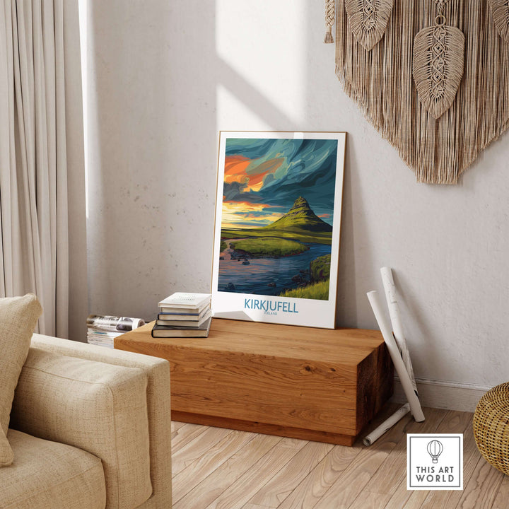 Kirkjufell Iceland Print | Dramatic Sunset River Poster displayed in a cozy living room setting.