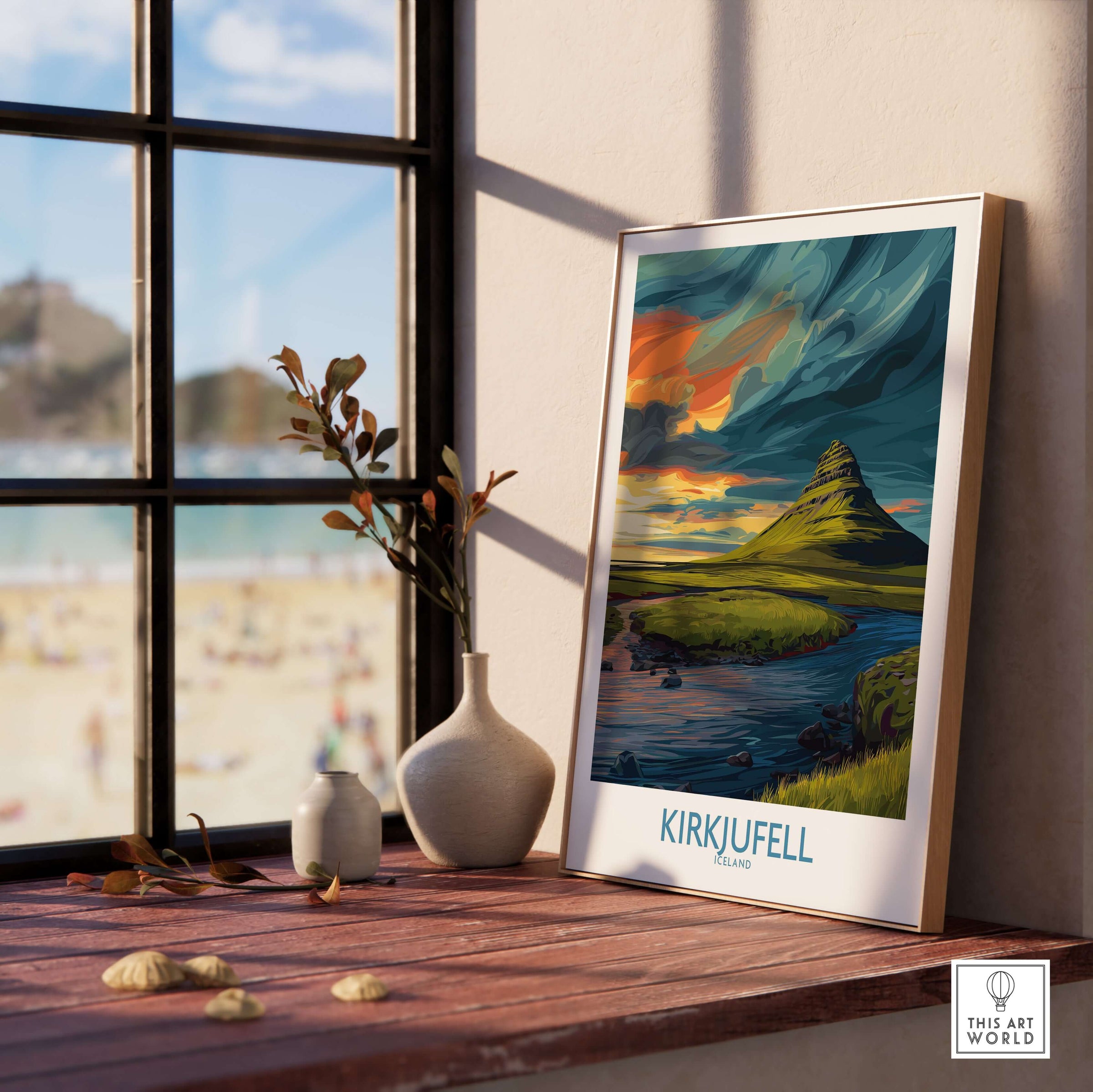 Kirkjufell Iceland Print | Dramatic Sunset River Poster displayed in a cozy interior with a scenic view.