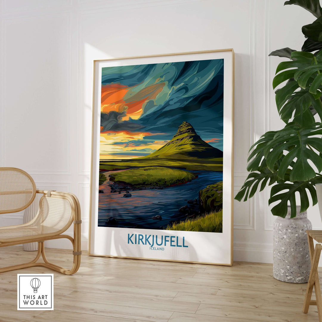 Kirkjufell Iceland Print | Dramatic Sunset River Poster featuring vibrant colors over a serene river and mountain.