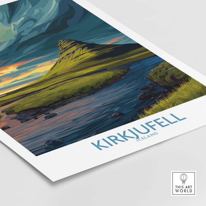 Kirkjufell Iceland Print | Dramatic Sunset River Poster featuring a vibrant illustration of Kirkjufell mountain and river scene.