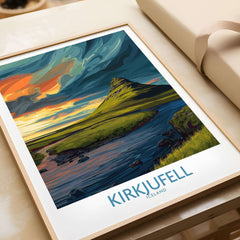 Kirkjufell Iceland Print | Dramatic Sunset River Poster showcasing vibrant sunset colors over a serene landscape.