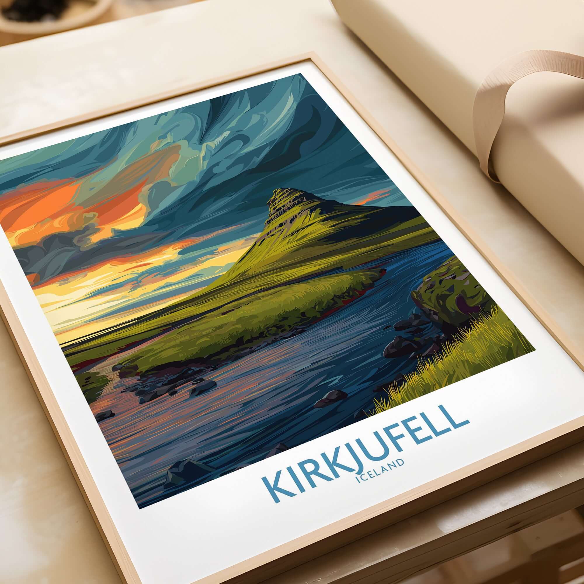 Kirkjufell Iceland Print | Dramatic Sunset River Poster showcasing vibrant sunset colors over a serene landscape.