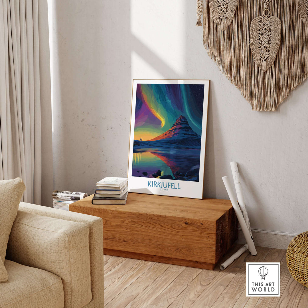 Kirkjufell Iceland Northern Lights Art Print | Aurora Borealis Mountain Poster displayed in a cozy living space.