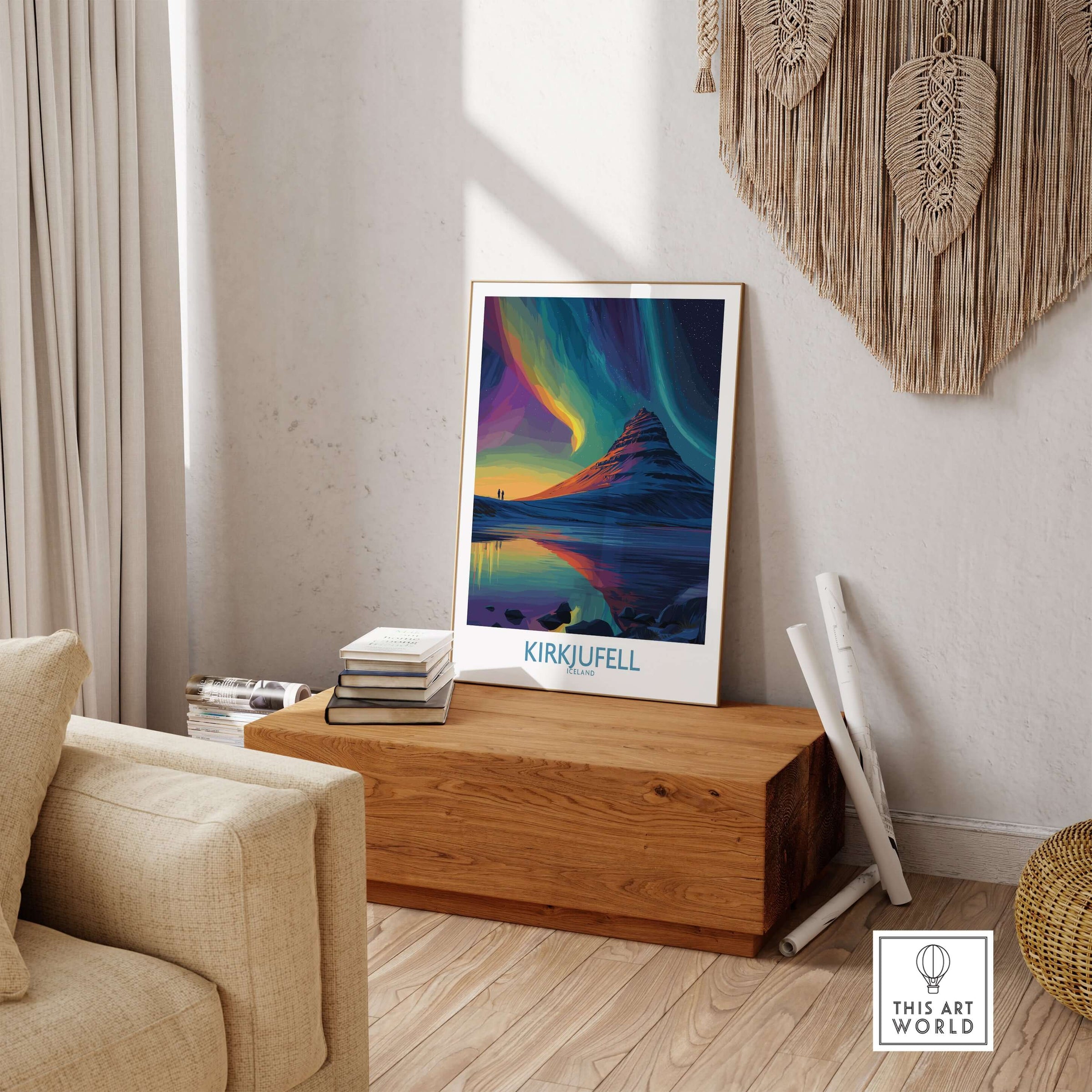 Kirkjufell Iceland Northern Lights Art Print | Aurora Borealis Mountain Poster displayed in a stylish interior setting.