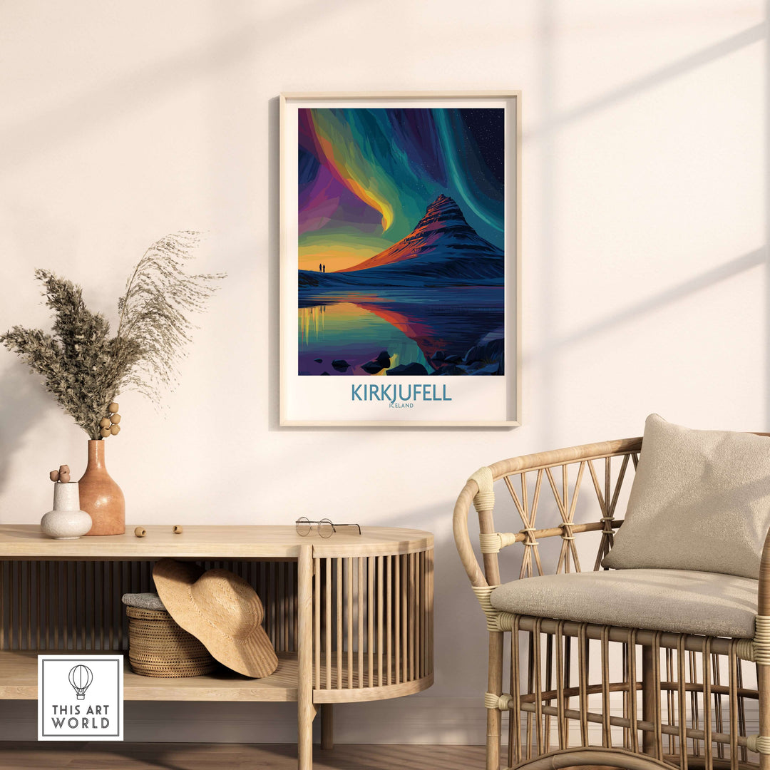 Kirkjufell Iceland Northern Lights Art Print | Aurora Borealis Mountain Poster displayed in a stylish interior setting.