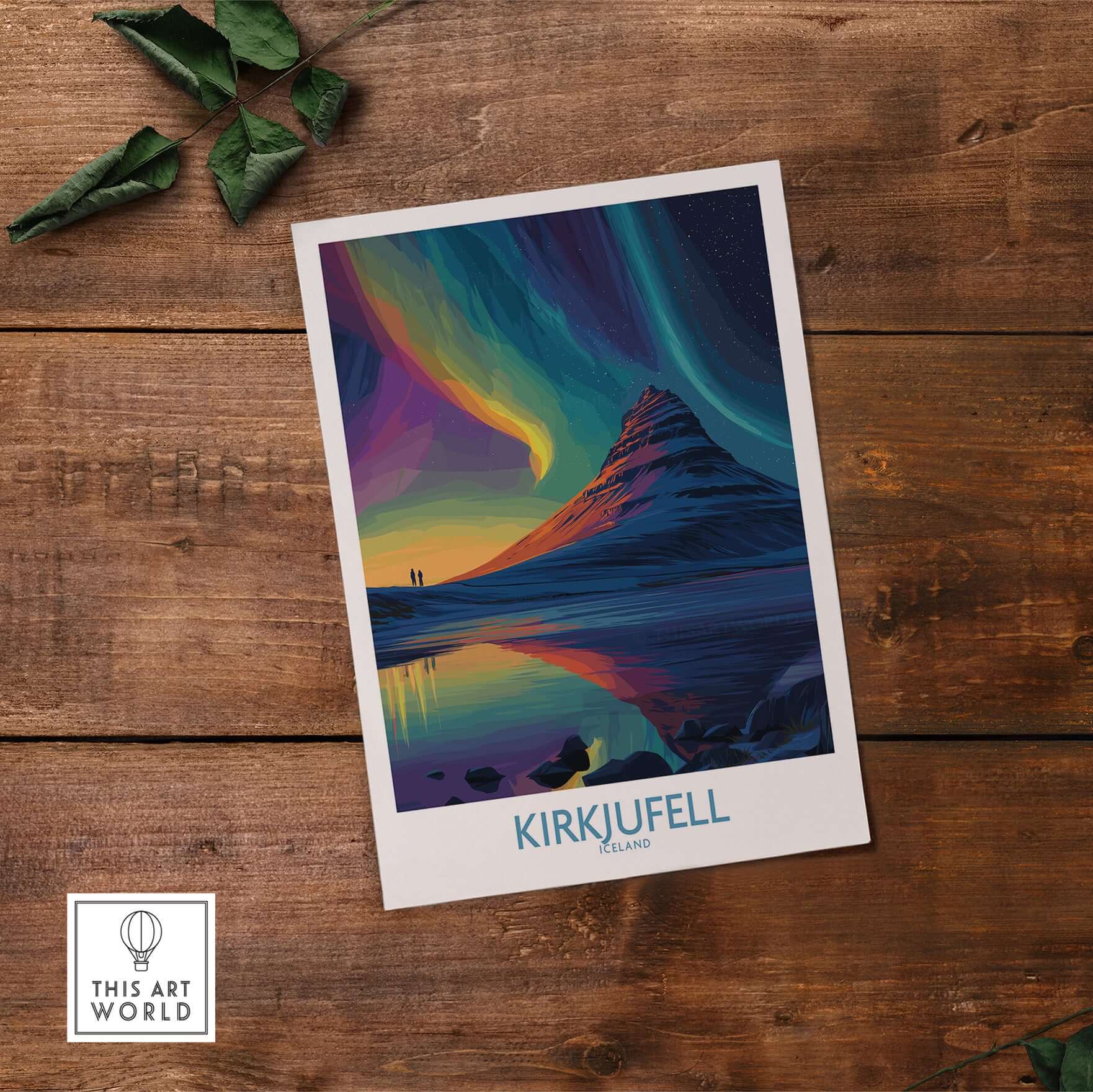 Kirkjufell Iceland Northern Lights Art Print | Aurora Borealis Mountain Poster featuring vibrant colors and stunning landscape.
