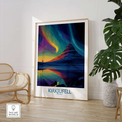 Kirkjufell Iceland Northern Lights Art Print | Aurora Borealis Mountain Poster depicting vibrant auroras over Kirkjufell.