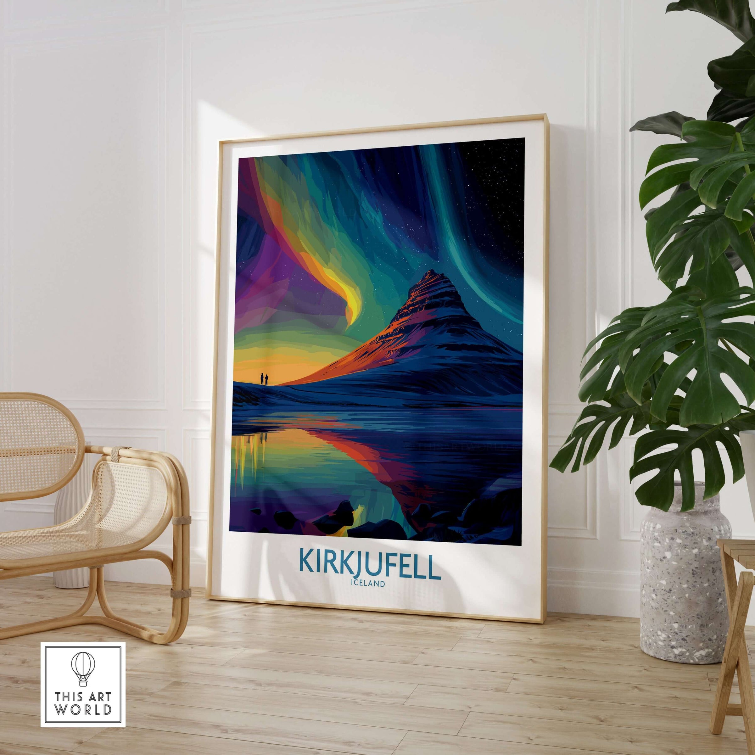 Kirkjufell Iceland Northern Lights Art Print | Aurora Borealis Mountain Poster depicting vibrant auroras over Kirkjufell.