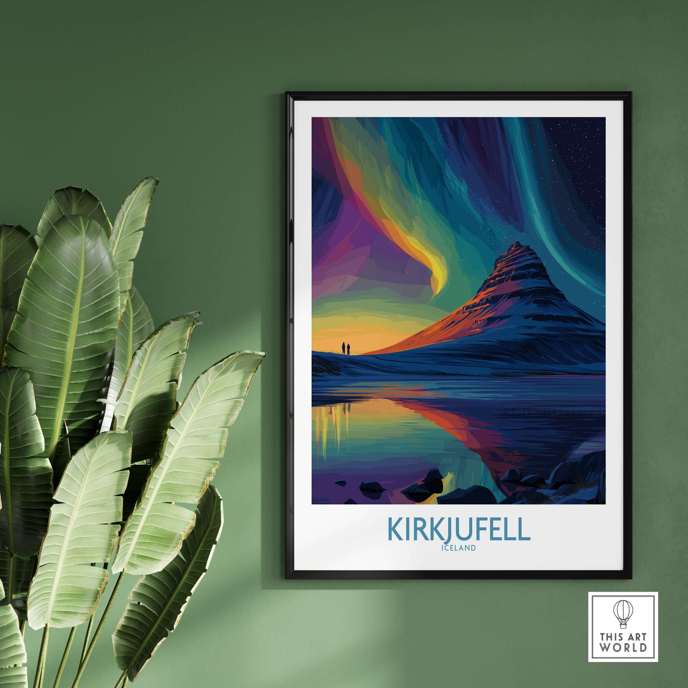 Kirkjufell Iceland Northern Lights Art Print | Aurora Borealis Mountain Poster displayed on a wall with modern decor.