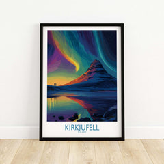 Kirkjufell Iceland Northern Lights Art Print | Aurora Borealis Mountain Poster with vibrant colors and reflections.