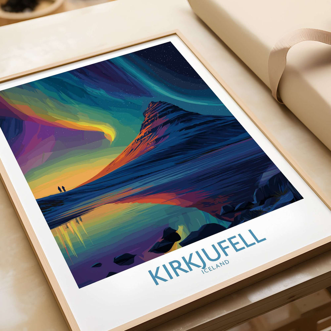 Kirkjufell Iceland Northern Lights Art Print | Aurora Borealis Mountain Poster framed with vibrant colors and serene landscape.