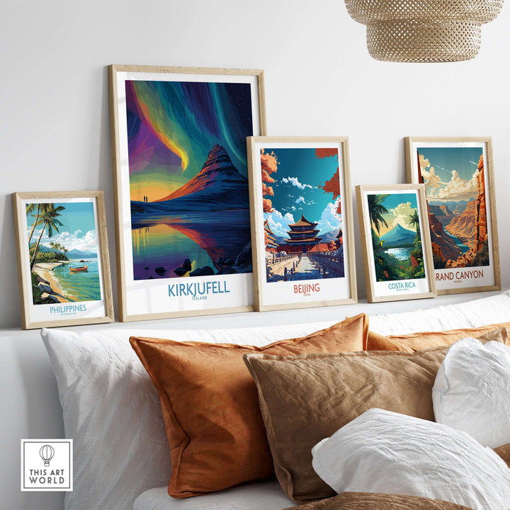 Kirkjufell Iceland Northern Lights Art Print | Aurora Borealis Mountain Poster displayed among other travel art prints.