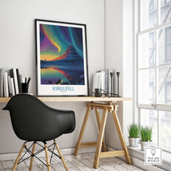 Kirkjufell Iceland Northern Lights Art Print | Aurora Borealis Mountain Poster displayed in a stylish workspace.