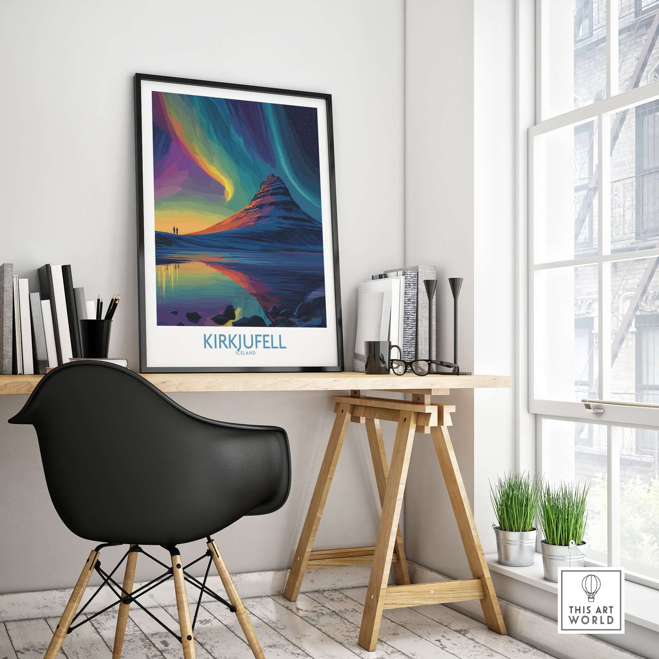 Kirkjufell Iceland Northern Lights Art Print | Aurora Borealis Mountain Poster displayed in a stylish workspace.