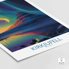 Kirkjufell Iceland Northern Lights Art Print | Aurora Borealis Mountain Poster featuring stunning colors and design.