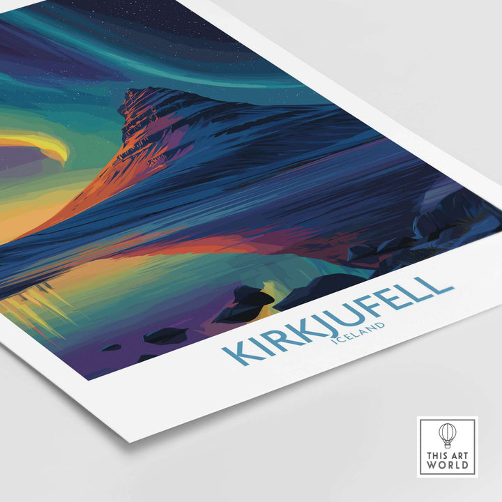Kirkjufell Iceland Northern Lights Art Print | Aurora Borealis Mountain Poster showcasing vibrant colors and serene landscapes.