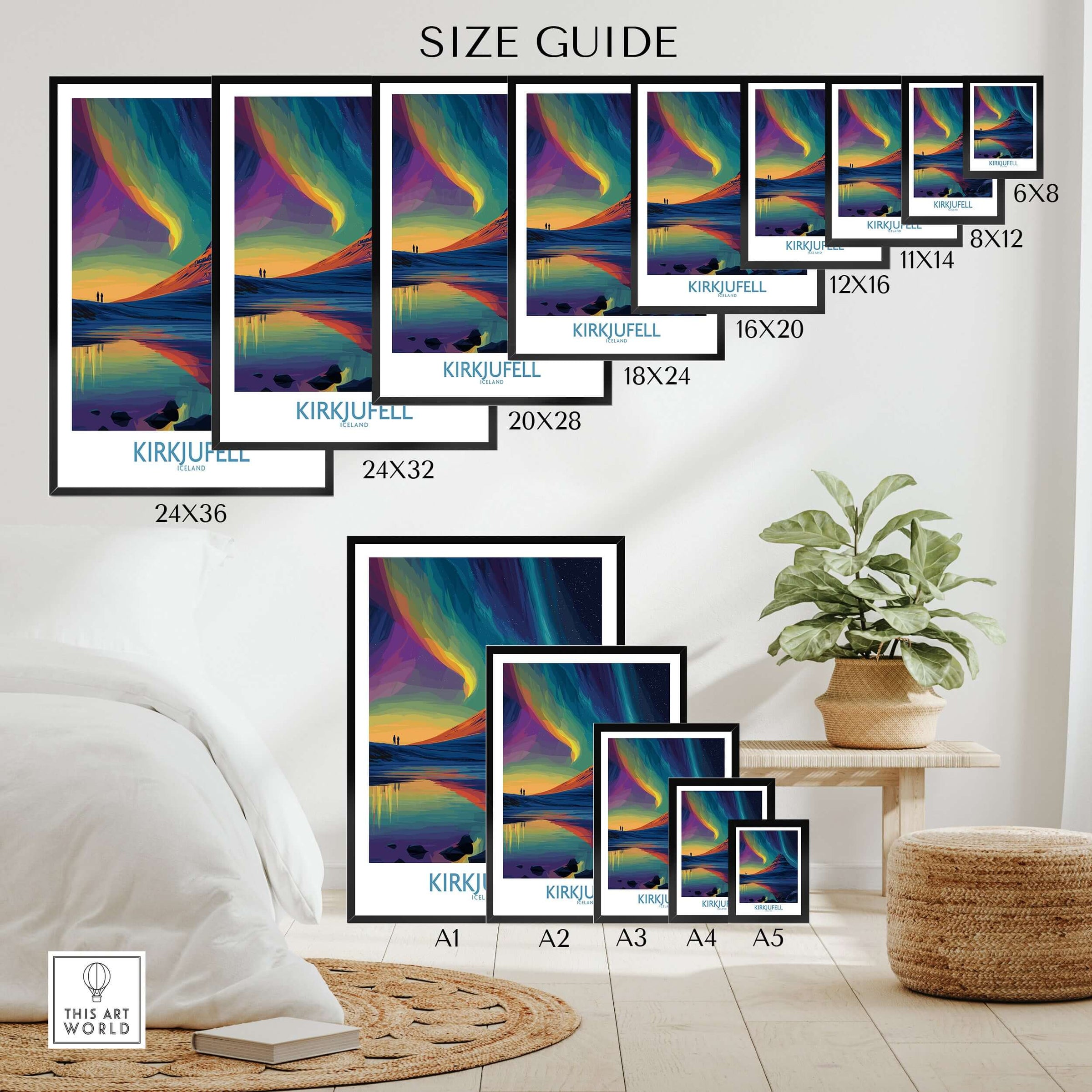 Kirkjufell Iceland Northern Lights Art Print | Aurora Borealis Mountain Poster size guide with framed prints on wall.
