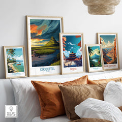 Kirkjufell Iceland Print | Dramatic Sunset River Poster displayed among colorful travel prints in a stylish interior setting.