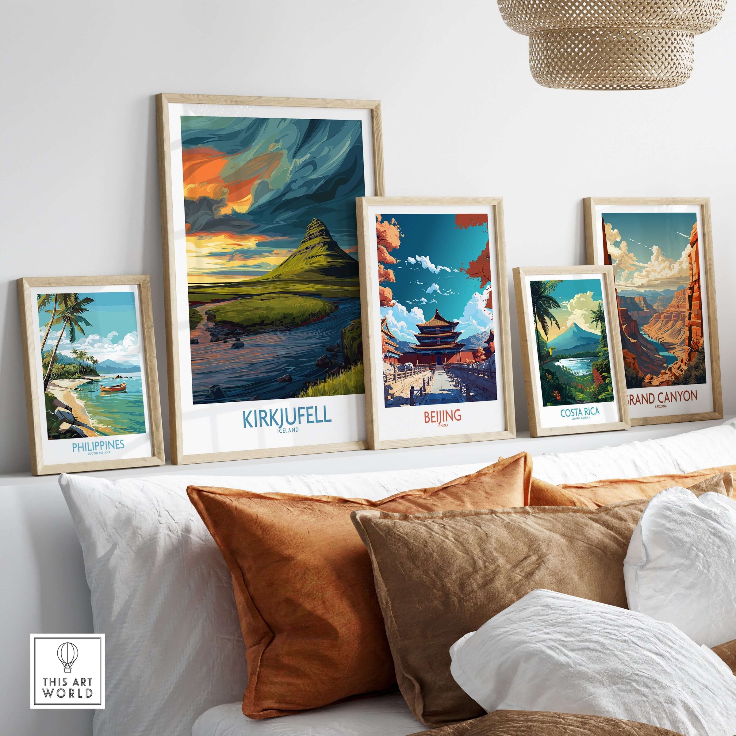 Kirkjufell Iceland Print | Dramatic Sunset River Poster displayed among colorful travel prints in a stylish interior setting.