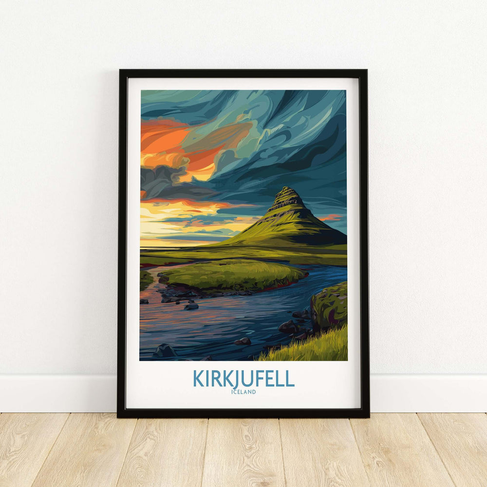 Kirkjufell Iceland Print | Dramatic Sunset River Poster showcasing vibrant sunset colors over Kirkjufell mountain.