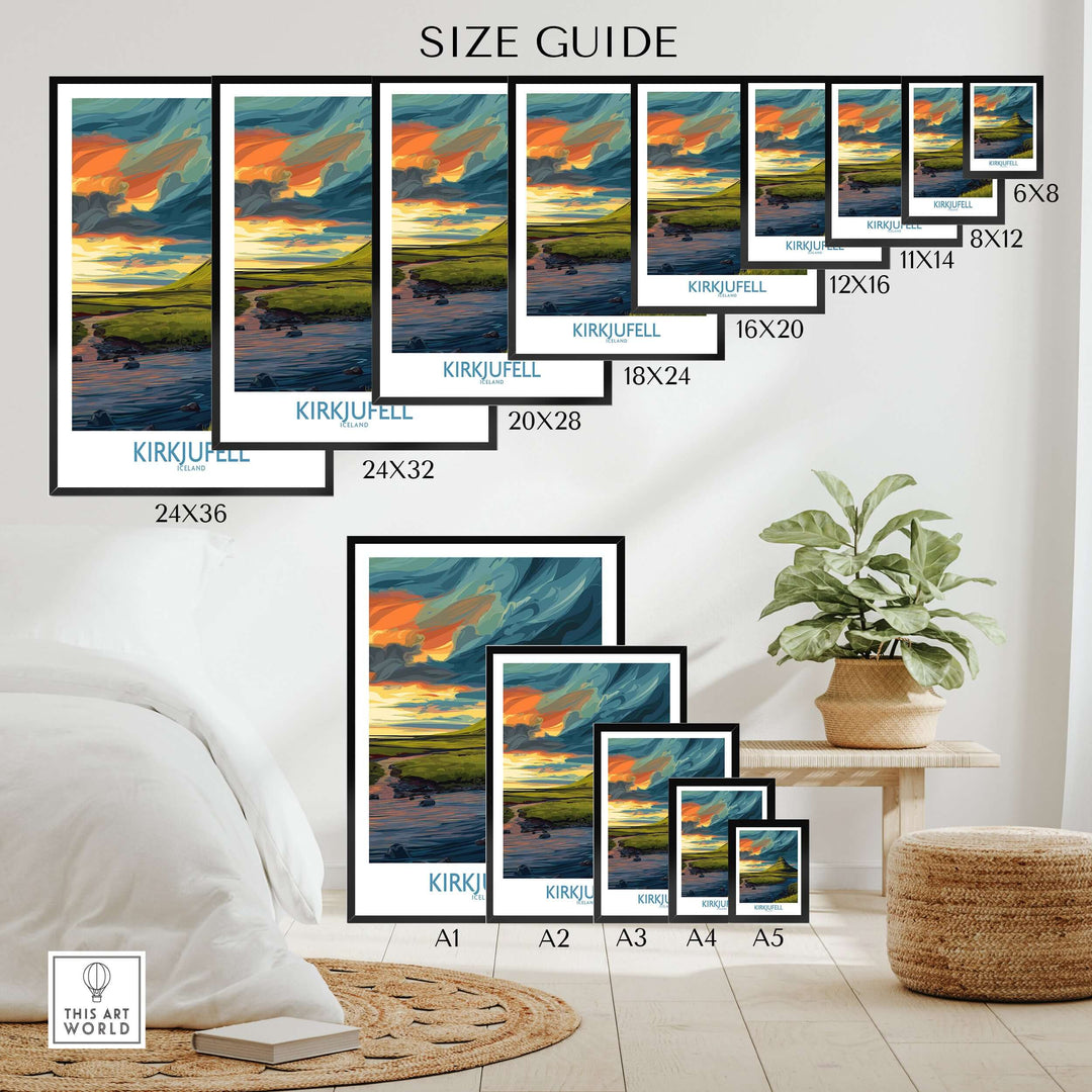 Kirkjufell Iceland Print | Dramatic Sunset River Poster size guide with various frame dimensions.