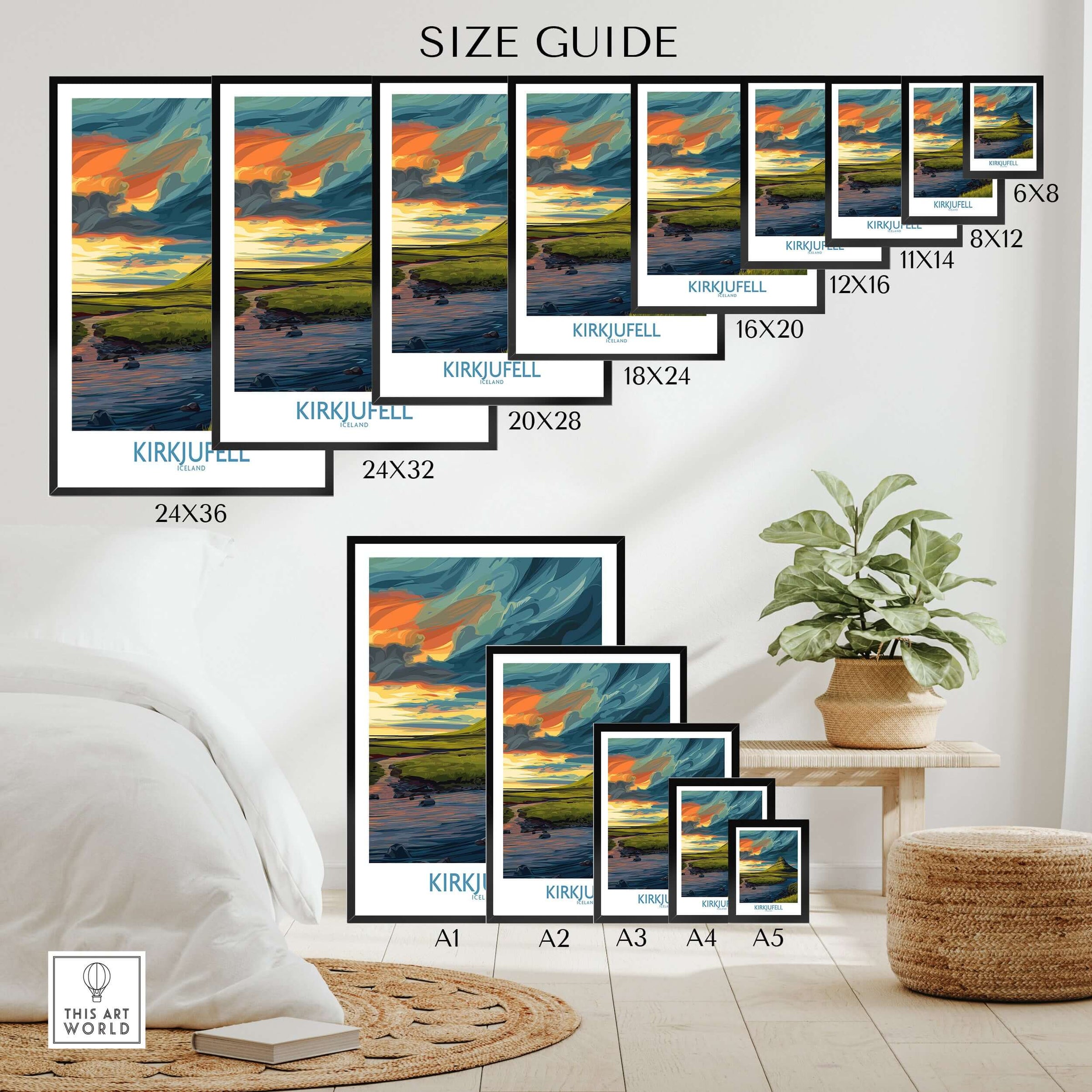 Kirkjufell Iceland Print | Dramatic Sunset River Poster size guide showcasing various frame sizes.