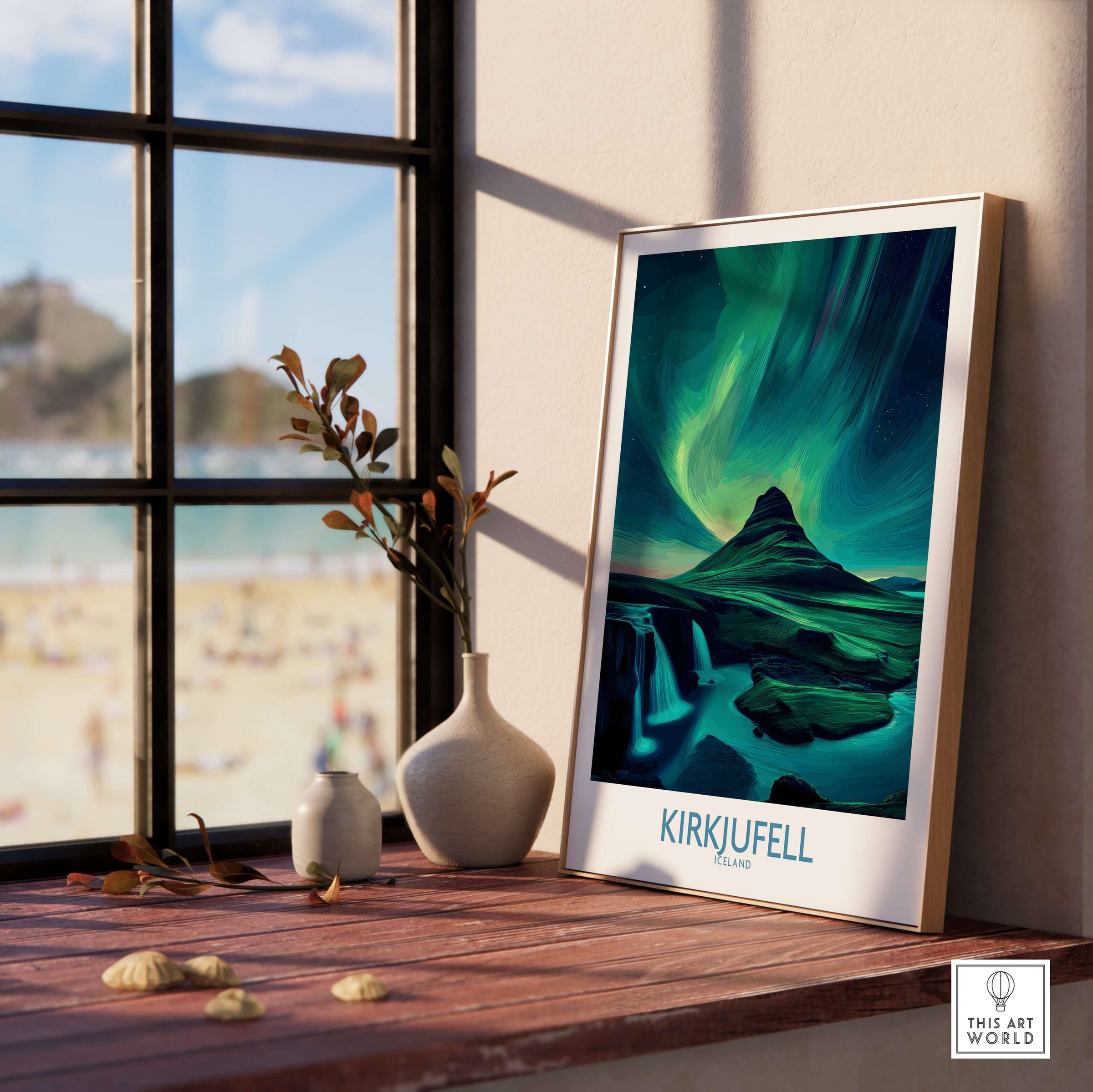Kirkjufell Iceland Art Print | Waterfall Poster displayed on a windowsill with a scenic view.
