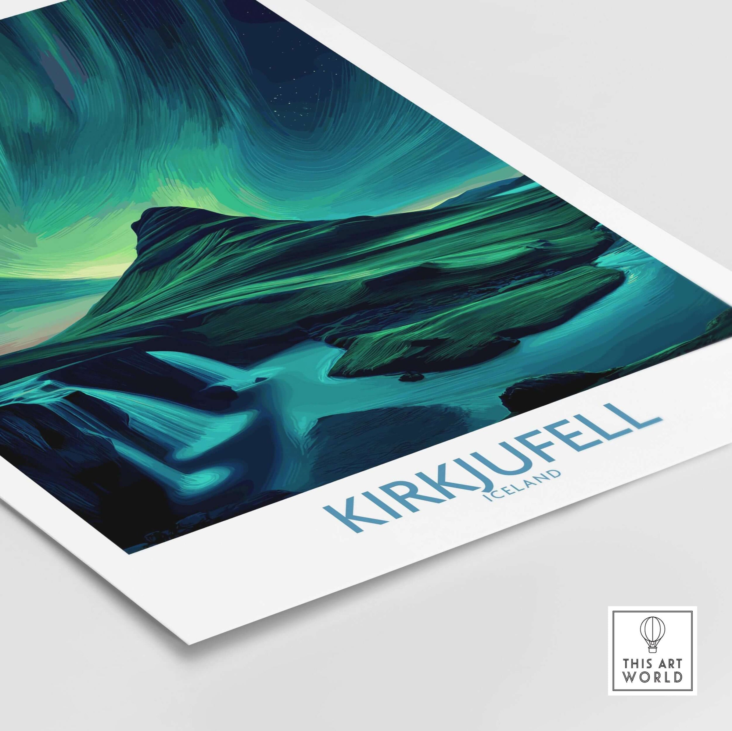 Kirkjufell Iceland Art Print | Waterfall Poster featuring vibrant artwork of Kirkjufell Mountain and scenic landscape.