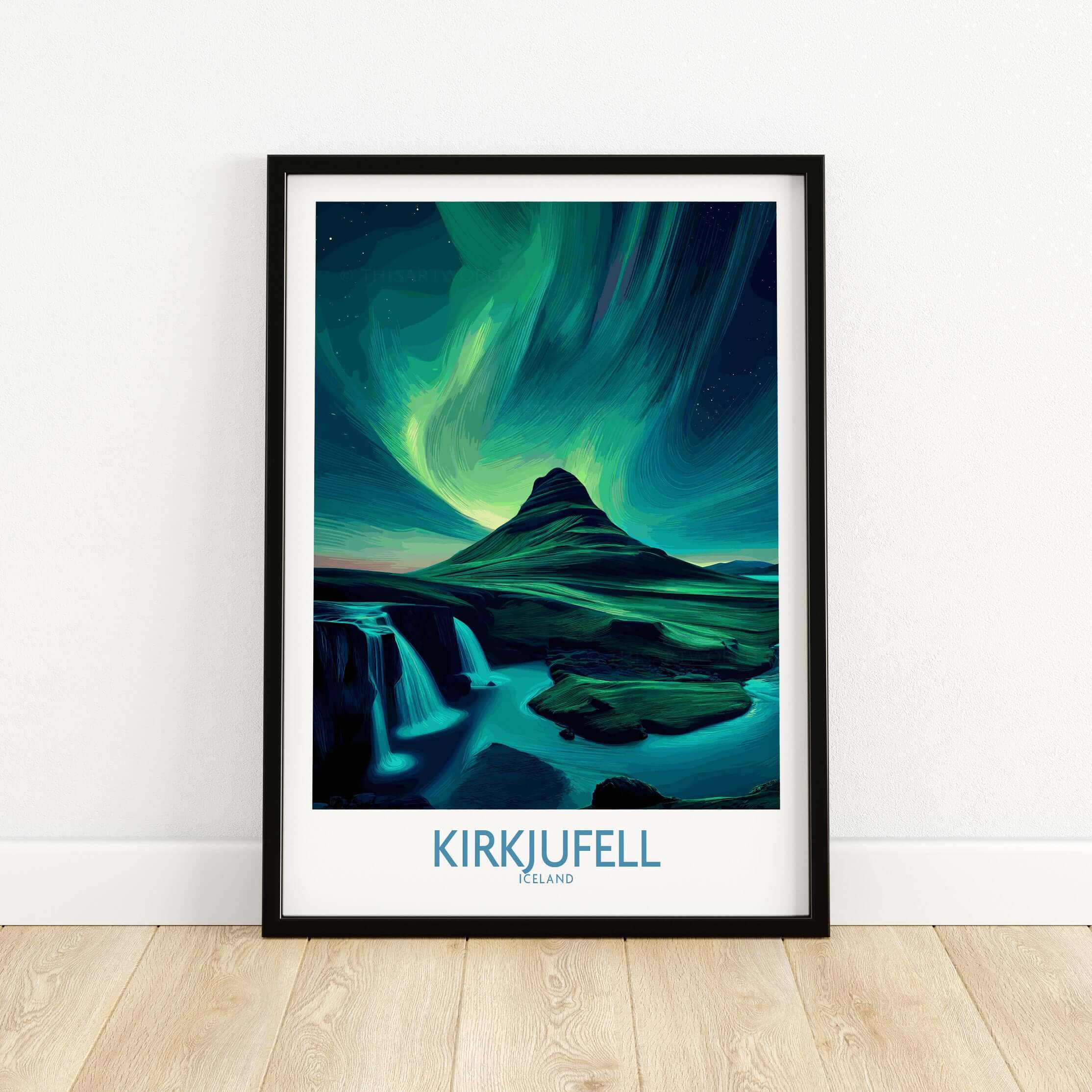 Kirkjufell Iceland Art Print | Waterfall Poster featuring vibrant colors and a serene landscape.