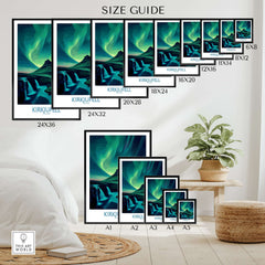Kirkjufell Iceland Art Print | Waterfall Poster size guide showcasing various frame sizes and artwork placement.
