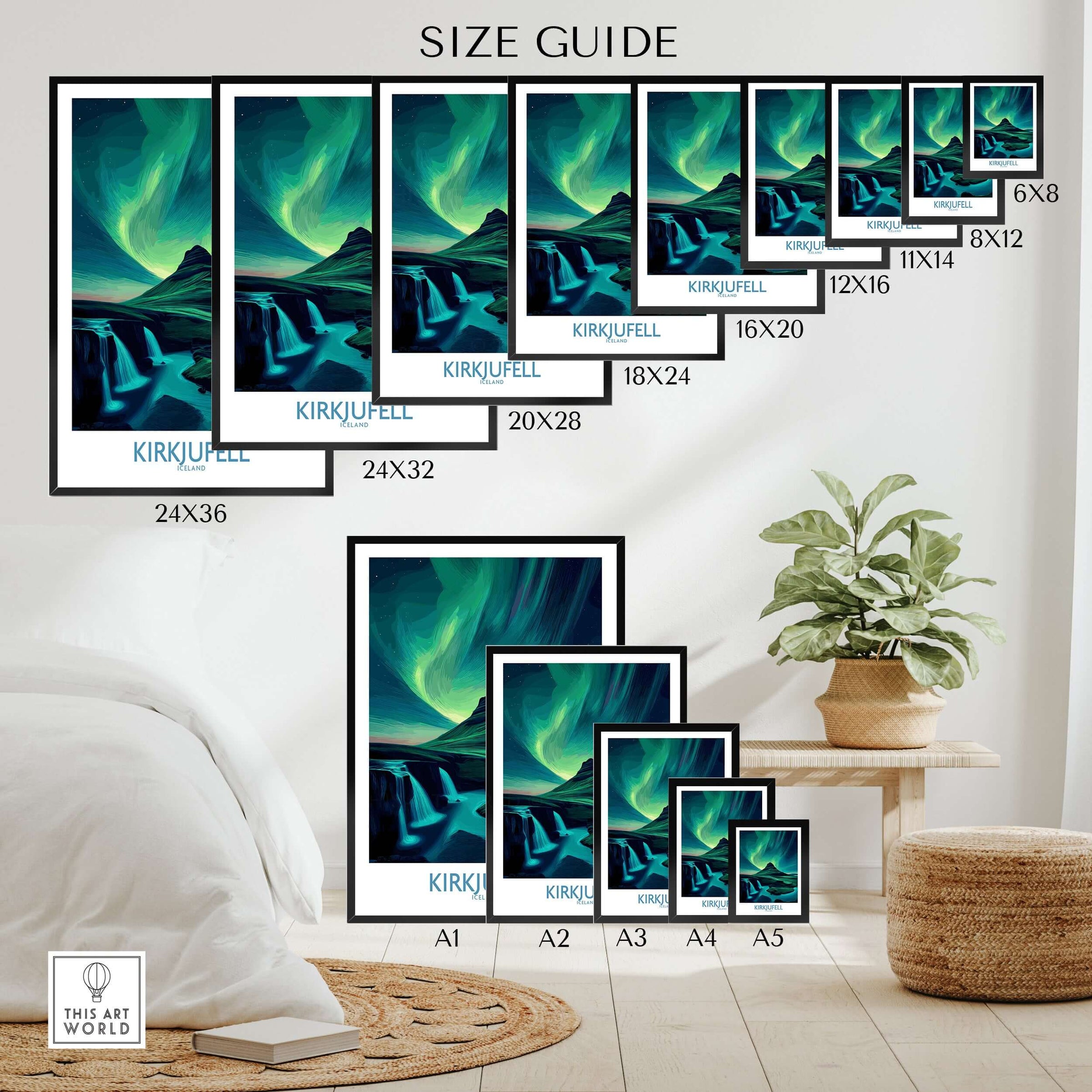 Kirkjufell Iceland Art Print | Waterfall Poster size guide showcasing various frame sizes and artwork placement.