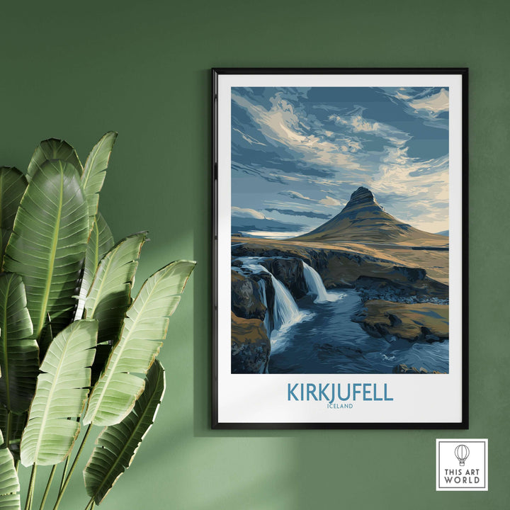 Kirkjufell Iceland Waterfall Mountain Art Print showcasing the beauty of Kirkjufell Mountain and its waterfall.