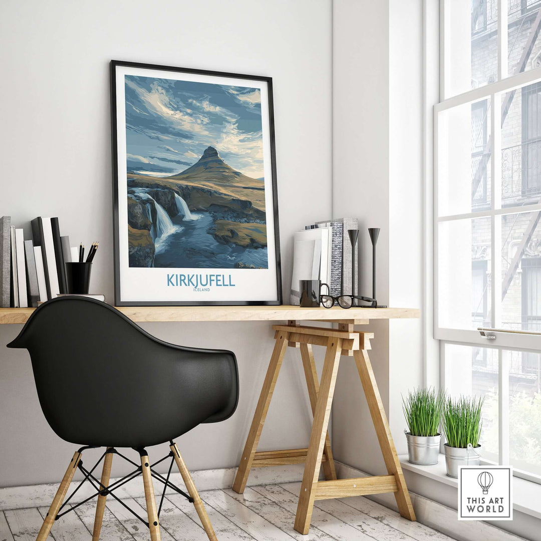 Kirkjufell Iceland Waterfall Mountain Art Print displayed in a stylish office setting, showcasing its stunning landscape design.