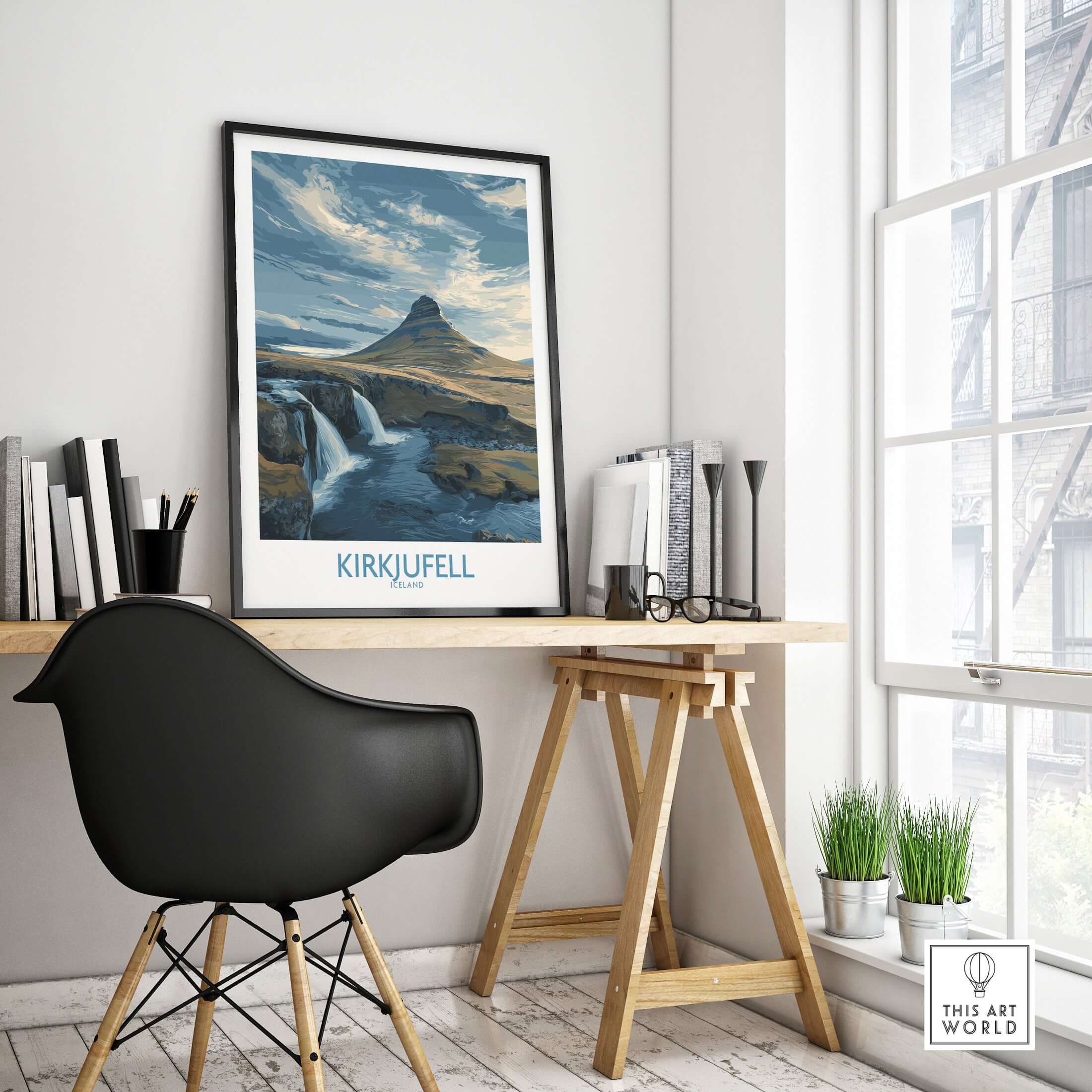 Kirkjufell Iceland Waterfall Mountain Art Print displayed in a modern office setting with stylish furniture and decor.