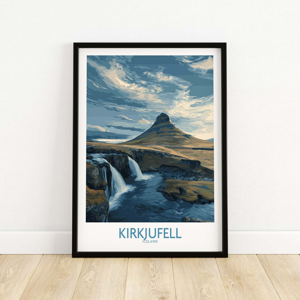 Kirkjufell Iceland Waterfall Mountain Art Print featuring a scenic landscape with waterfall and mountain.
