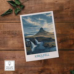 Kirkjufell Iceland Waterfall Mountain Art Print showcasing Kirkjufell Mountain and its waterfall on a wooden background.