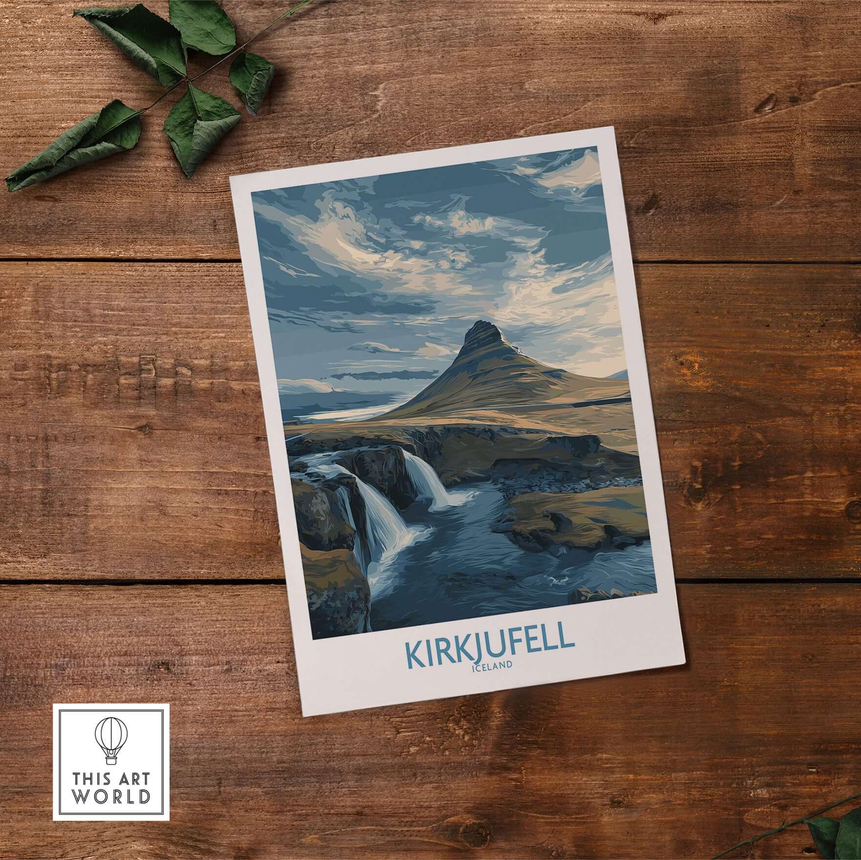 Kirkjufell Iceland Waterfall Mountain Art Print showcasing Kirkjufell Mountain and its waterfall on a wooden background.