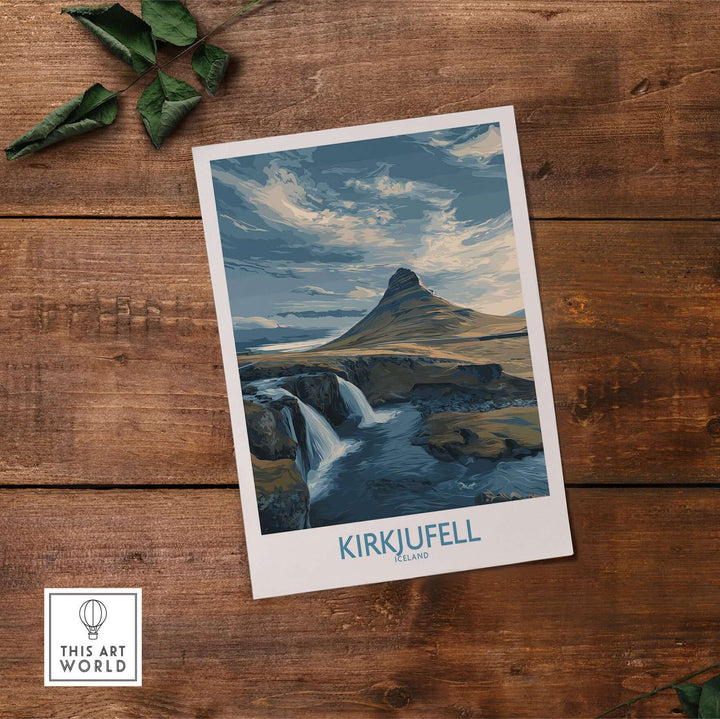 Kirkjufell Iceland Waterfall Mountain Art Print showcasing the majestic Kirkjufell mountain and waterfall in Iceland.