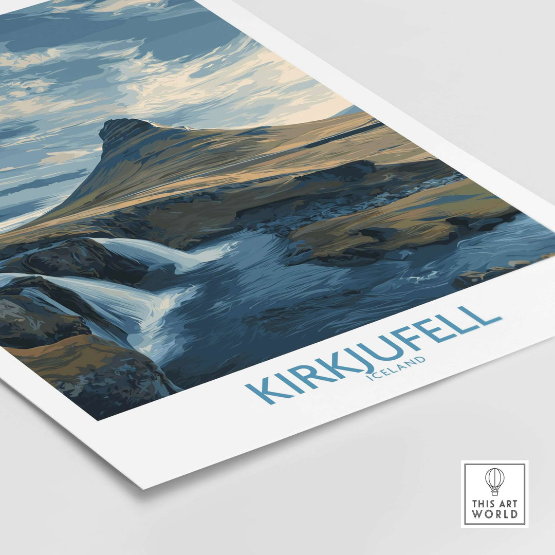 Kirkjufell Iceland Waterfall Mountain Art Print featuring a scenic landscape and waterfall illustration.