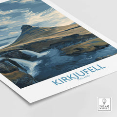 Kirkjufell Iceland Waterfall Mountain Art Print showcasing the stunning mountain and waterfall scenery of Iceland.