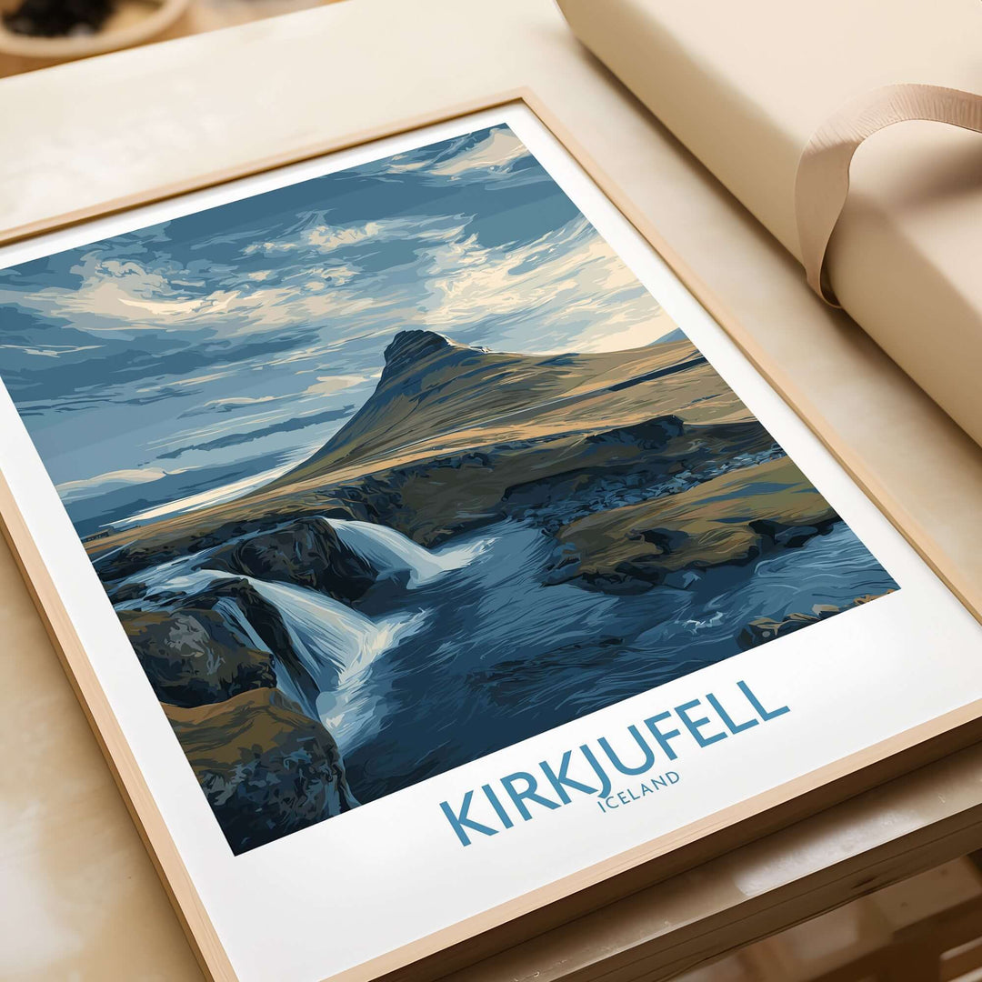 Kirkjufell Iceland Waterfall Mountain Art Print showcasing stunning landscape and iconic mountain scenery.