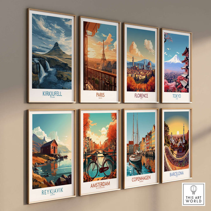 Kirkjufell Iceland Waterfall Mountain Art Print displayed among travel-themed art prints.