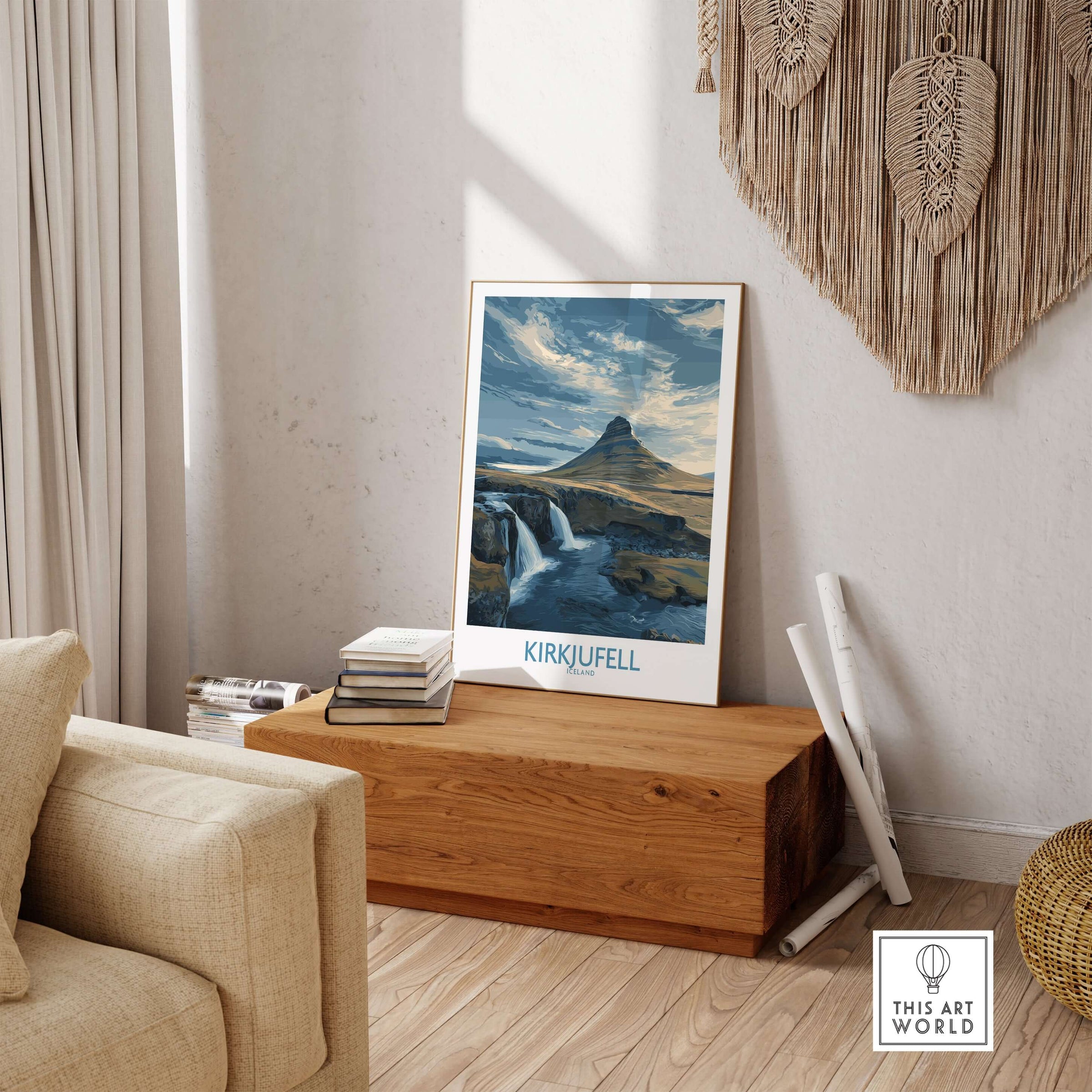 Kirkjufell Iceland Waterfall Mountain Art Print displayed in a stylish living room, showcasing stunning Nordic landscape.
