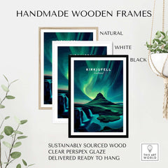 Handmade wooden frames in natural, white, and black options for Kirkjufell Northern Lights Scenery Print | Icelandic Nature Wall Decor.